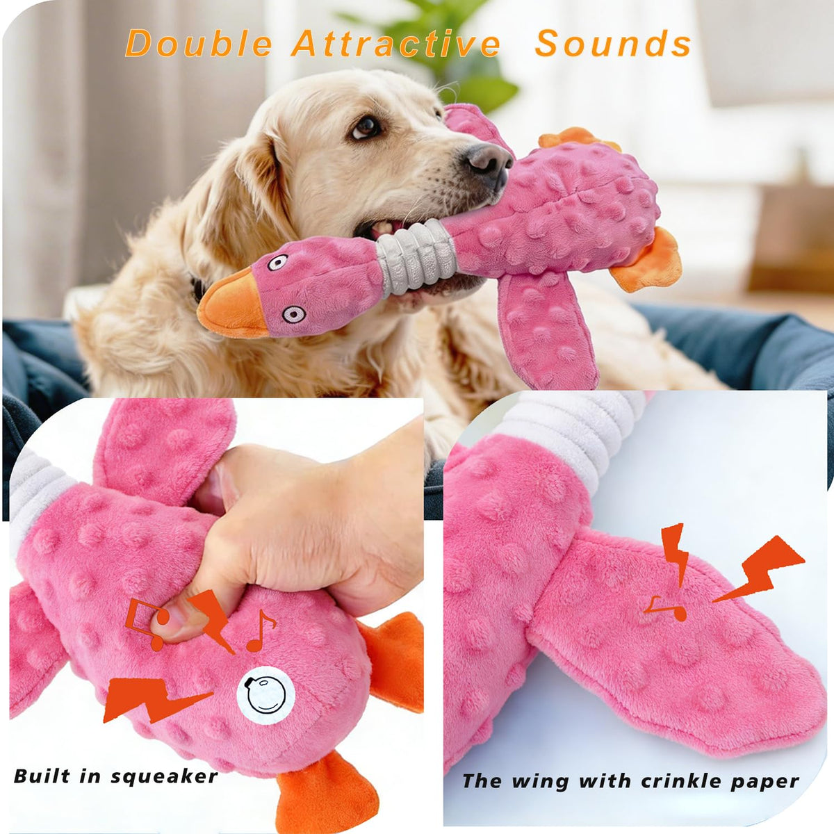 Pink Squeaky Plush Duck Dog Toy Aggressive Chewers
