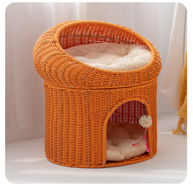 Woven Rattan Double Layer Cat Bed for Home