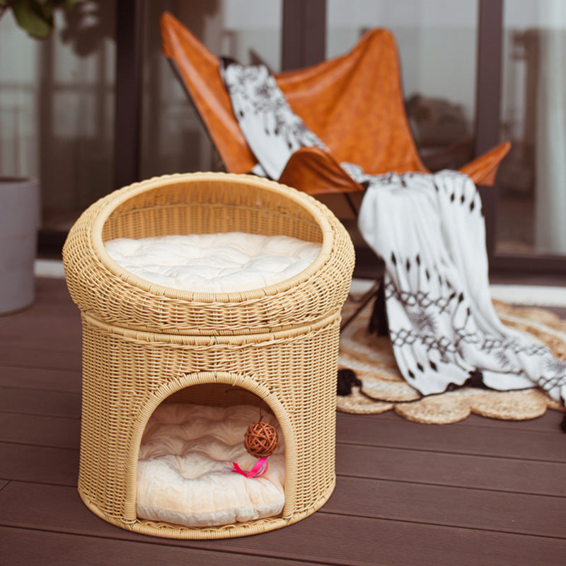 Woven Rattan Double Layer Cat Bed for Home