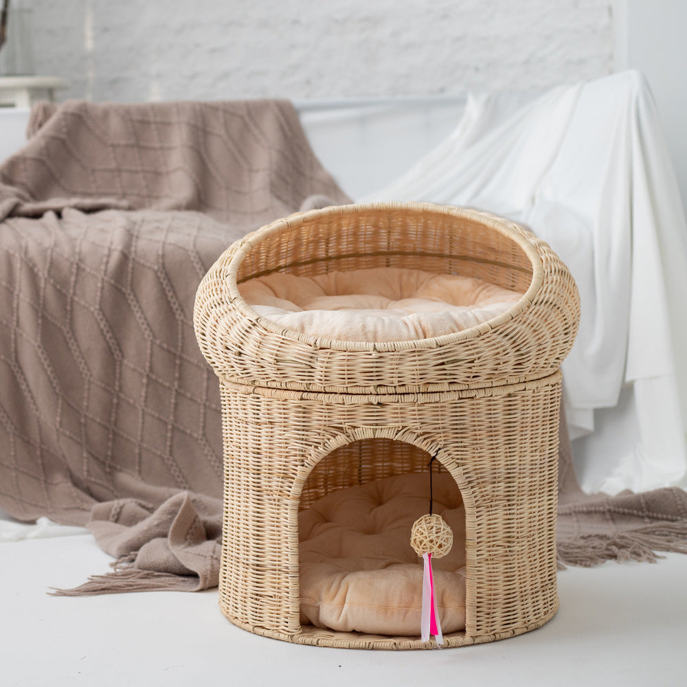 Woven Rattan Double Layer Cat Bed for Home