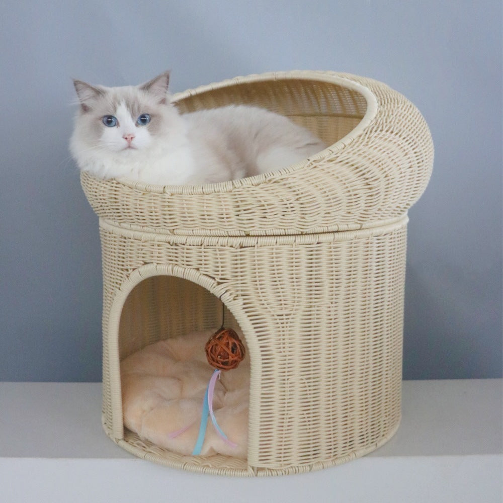 Woven Rattan Double Layer Cat Bed for Home