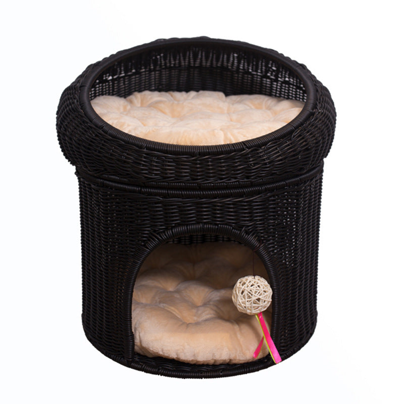 Woven Rattan Double Layer Cat Bed for Home