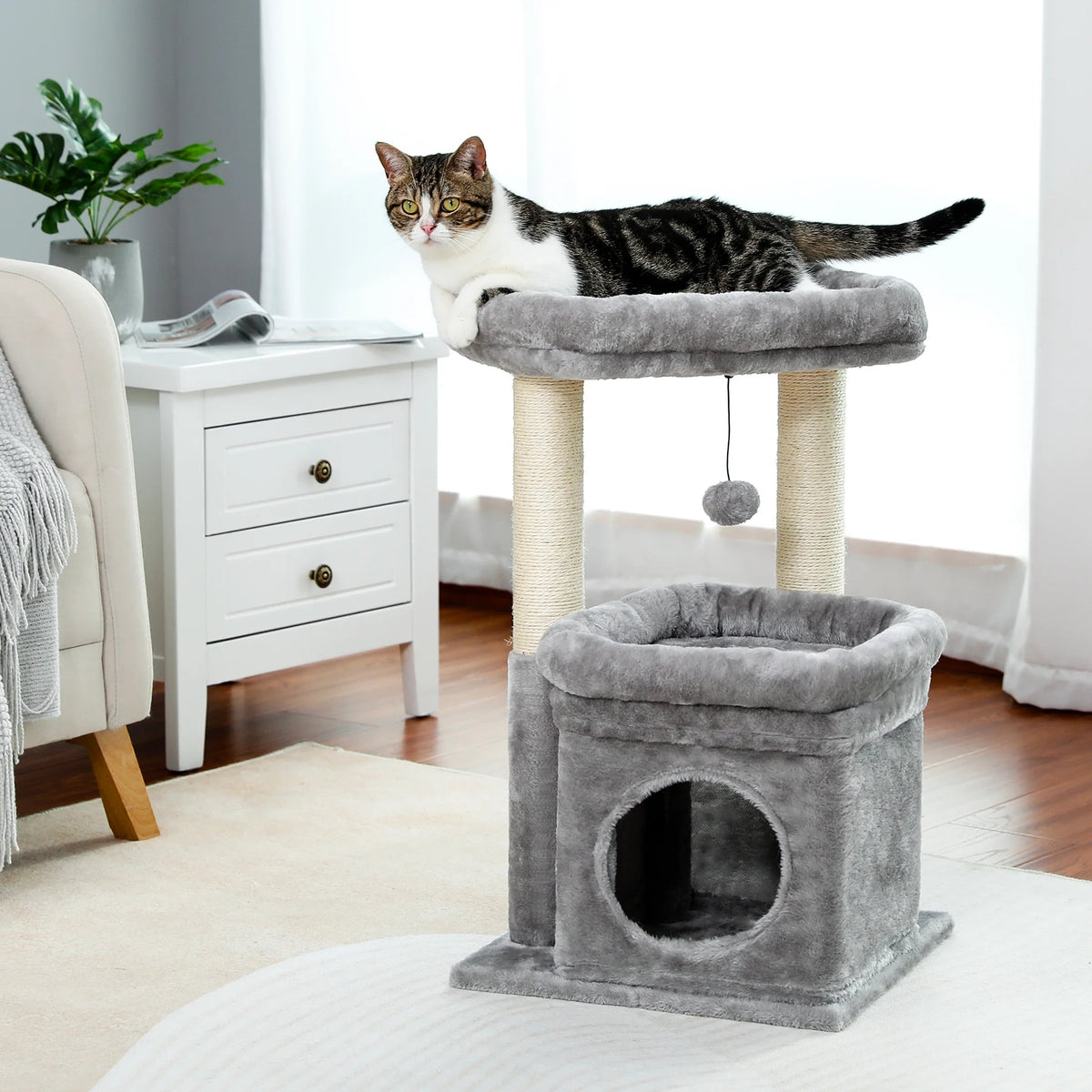 Cozy Gray Cat Tree Condo - 27" Multi-Level Tower with Spacious Perch and Scratching Posts for Kittens and Medium Cats