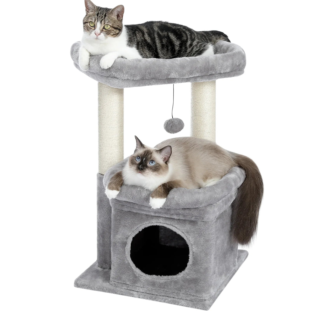 Cozy Gray Cat Tree Condo - 27" Multi-Level Tower with Spacious Perch and Scratching Posts for Kittens and Medium Cats