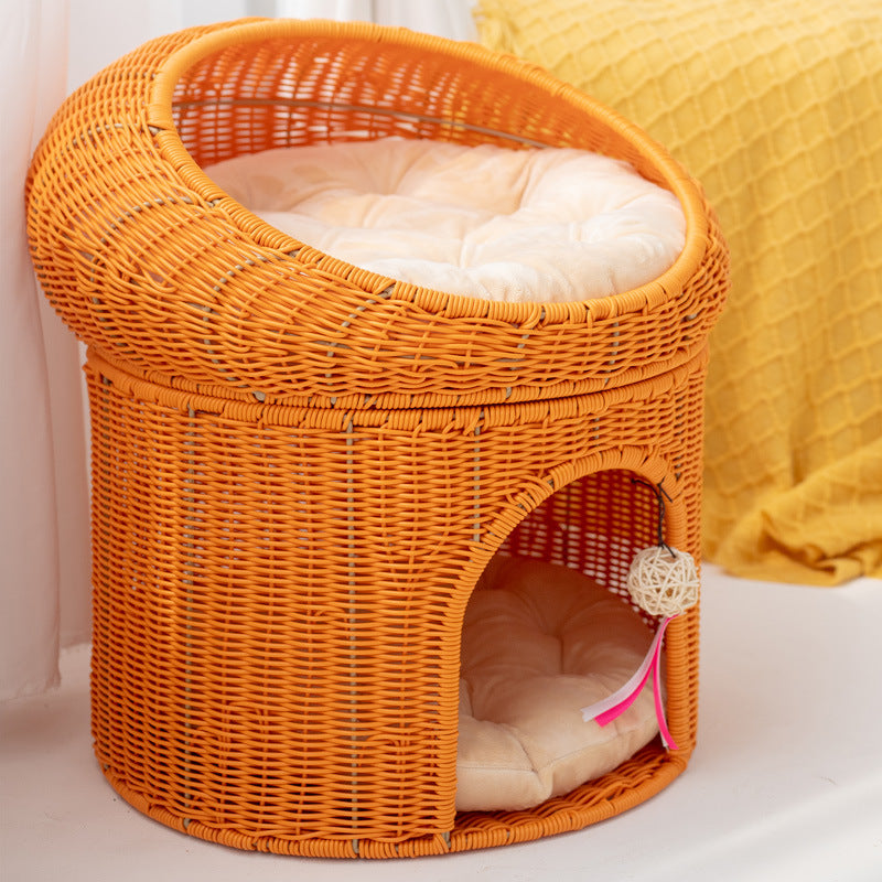 Woven Rattan Double Layer Cat Bed for Home