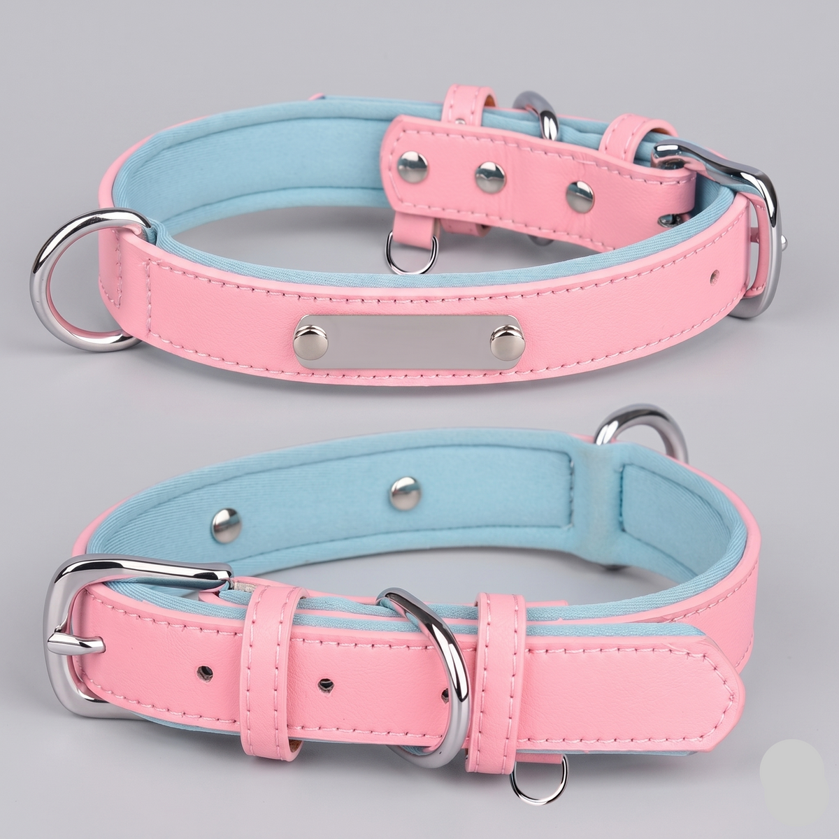 Dual D-Ring PU Leather Dog Collar Nameplate