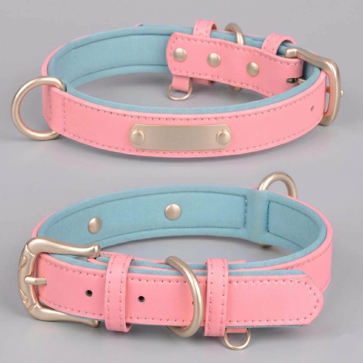 Dual D-Ring PU Leather Dog Collar Nameplate