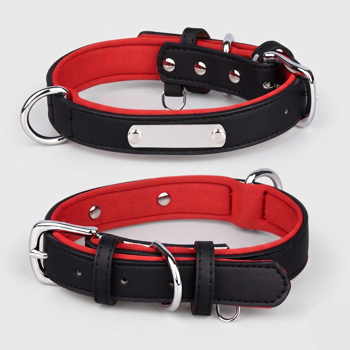 Dual D-Ring PU Leather Dog Collar Nameplate