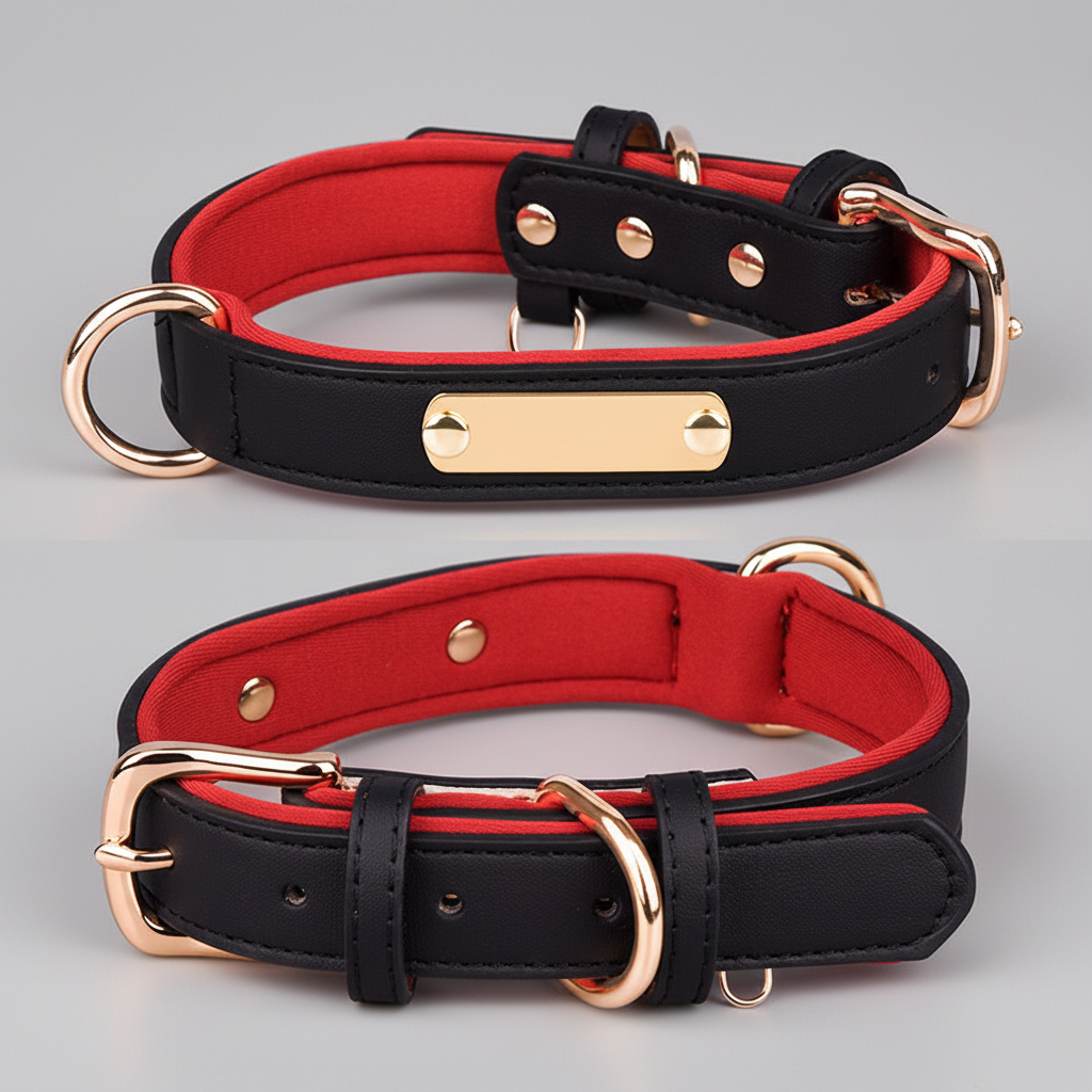 Dual D-Ring PU Leather Dog Collar Nameplate