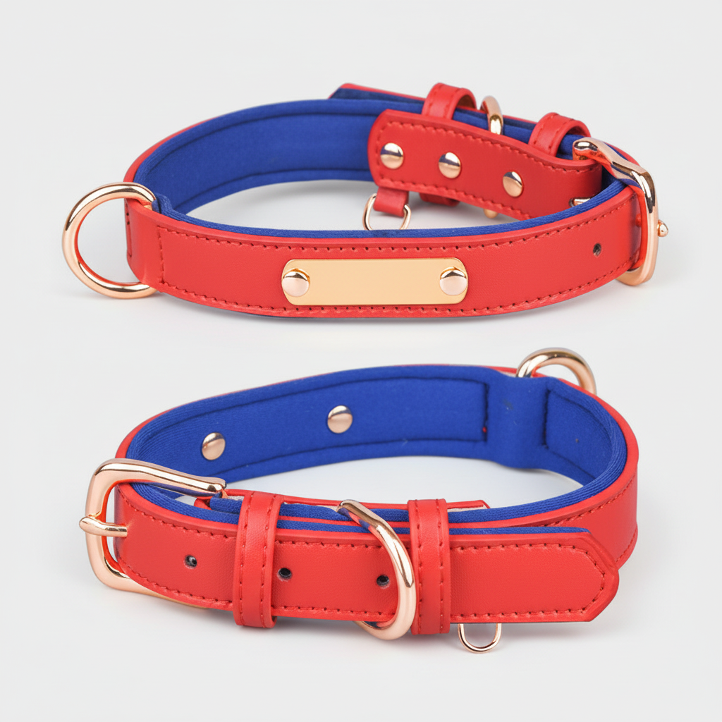 Dual D-Ring PU Leather Dog Collar Nameplate