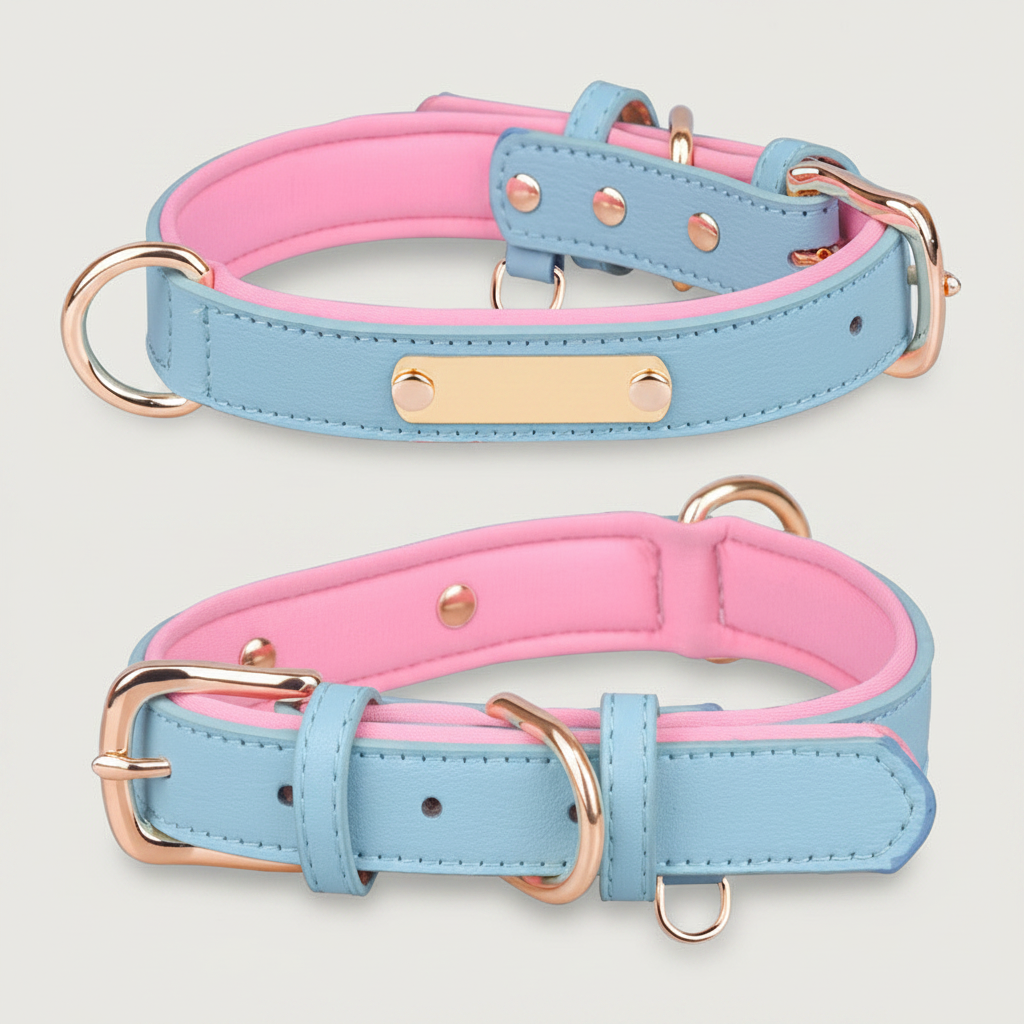 Dual D-Ring PU Leather Dog Collar Nameplate