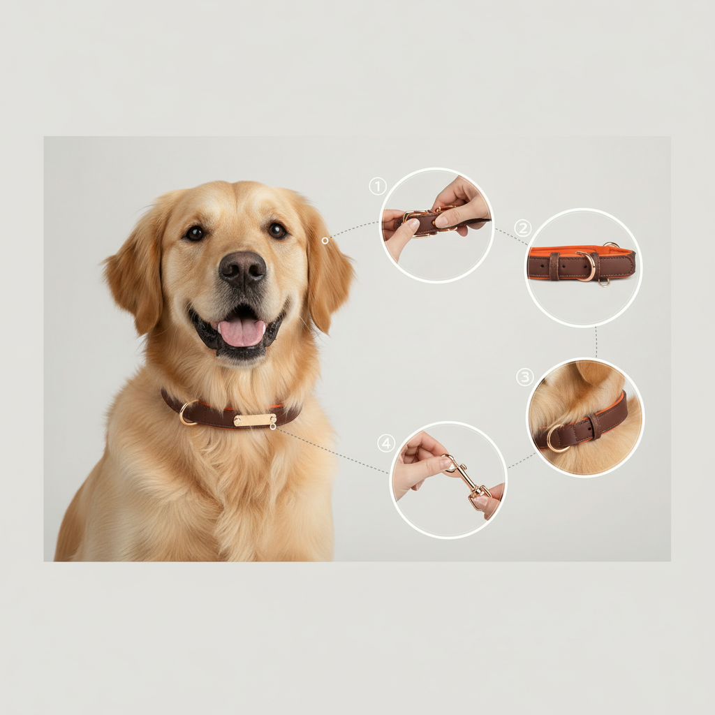 Dual D-Ring PU Leather Dog Collar Nameplate