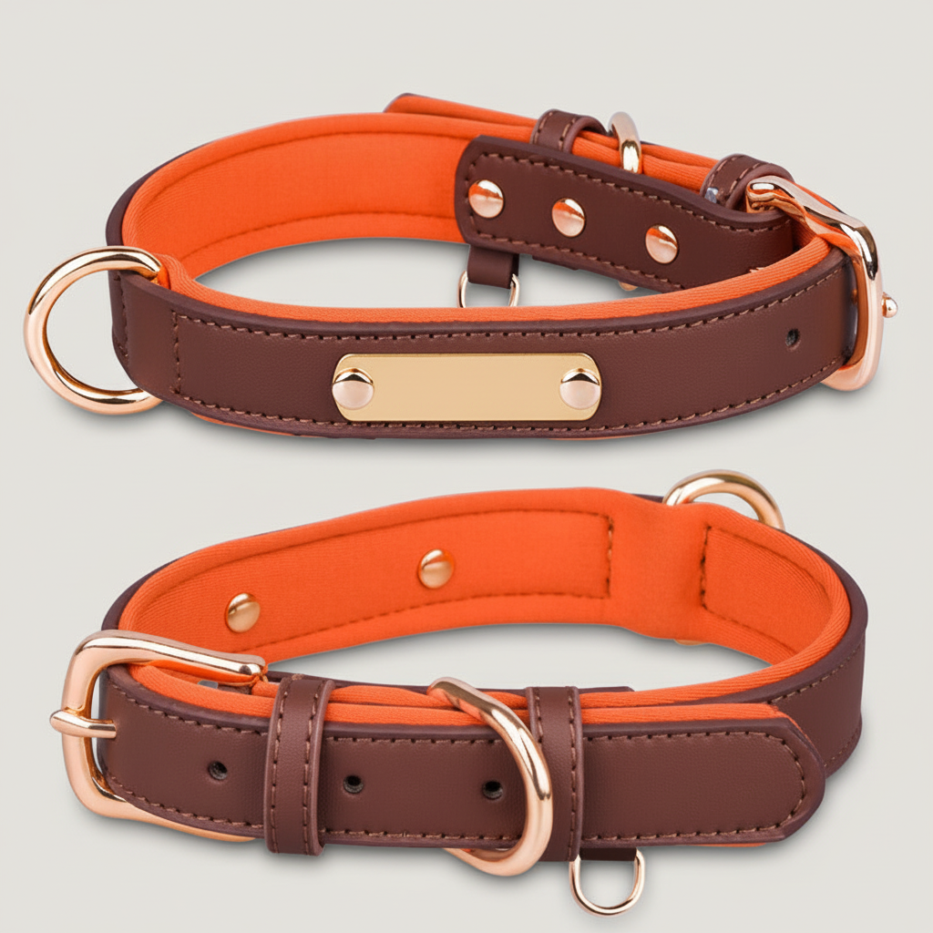 Dual D-Ring PU Leather Dog Collar Nameplate