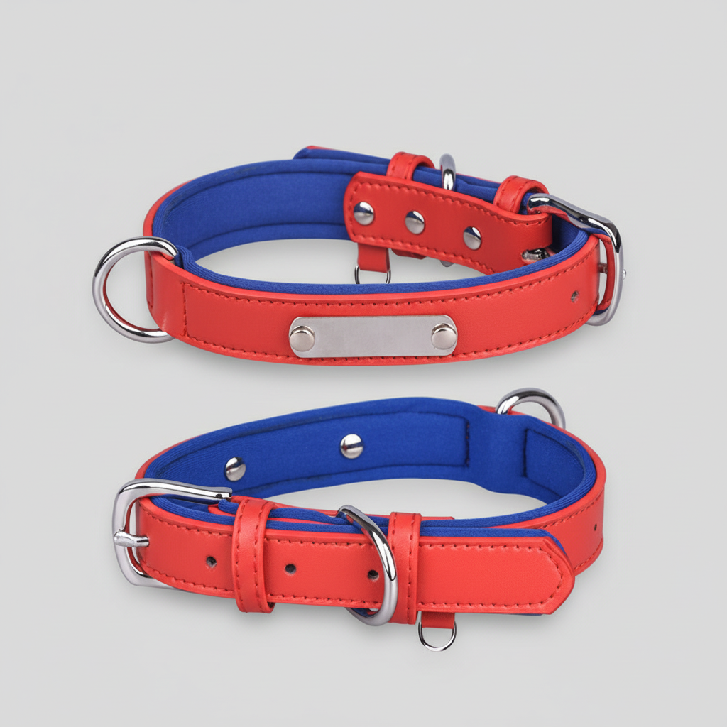 Dual D-Ring PU Leather Dog Collar Nameplate