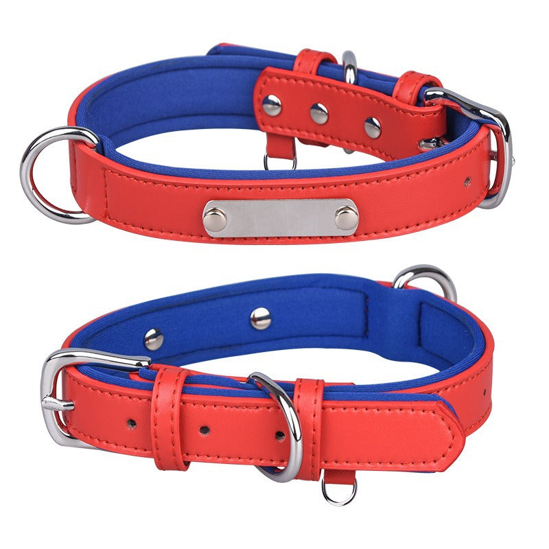 Dual D-Ring PU Leather Dog Collar Nameplate