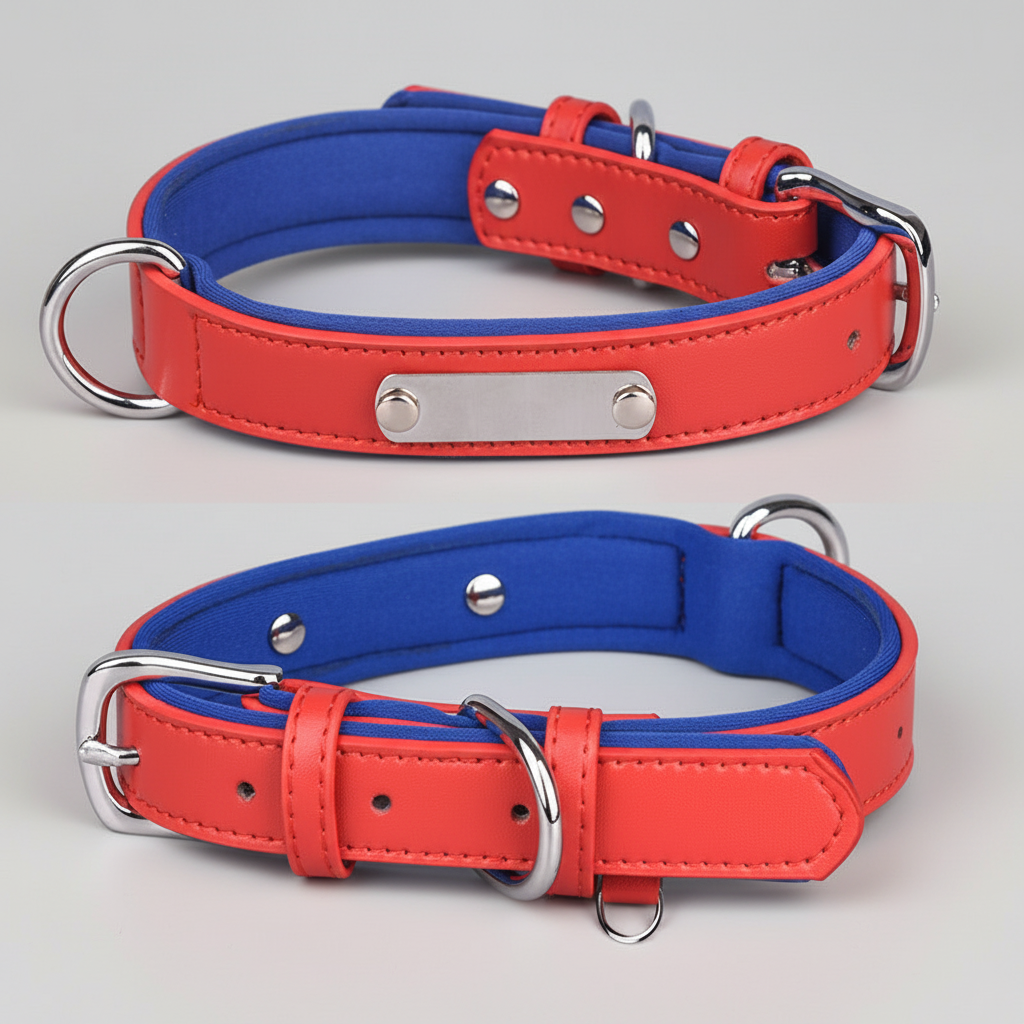 Dual D-Ring PU Leather Dog Collar Nameplate