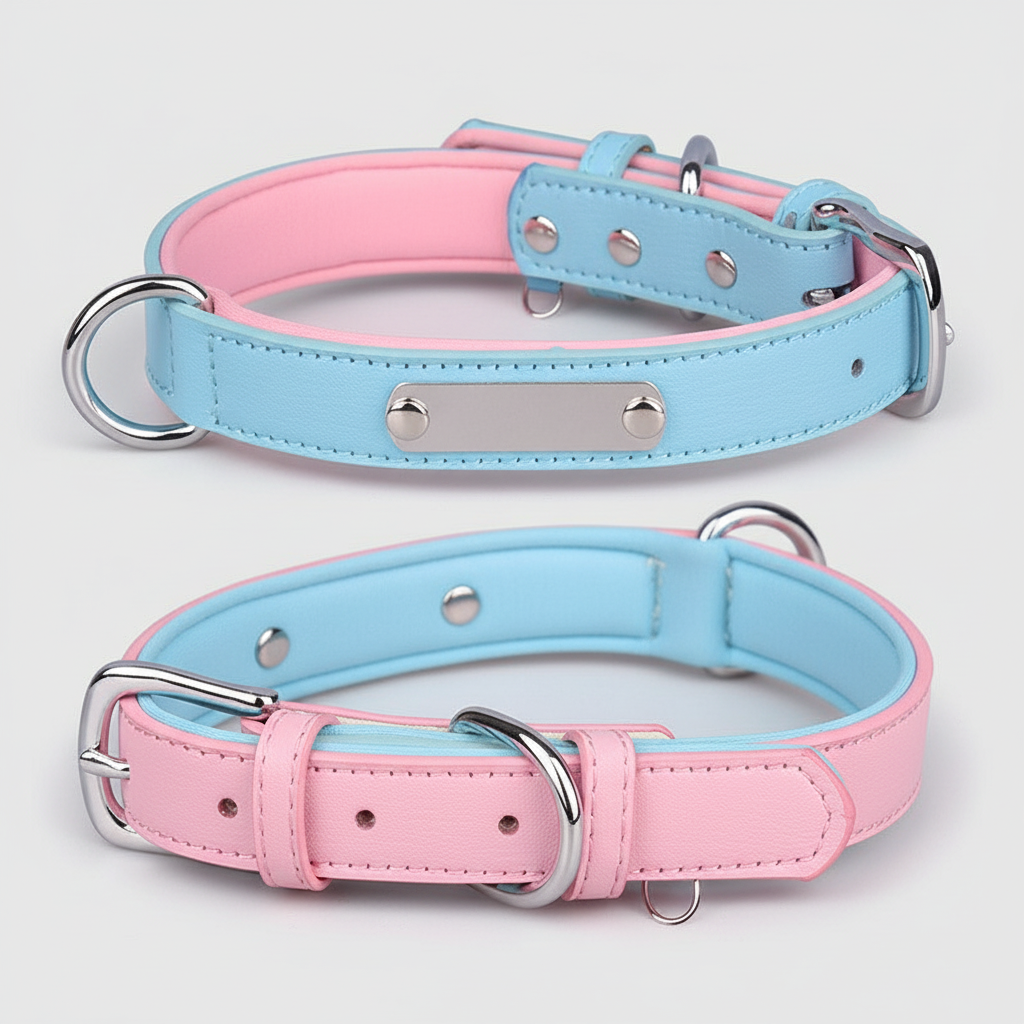 Dual D-Ring PU Leather Dog Collar Nameplate