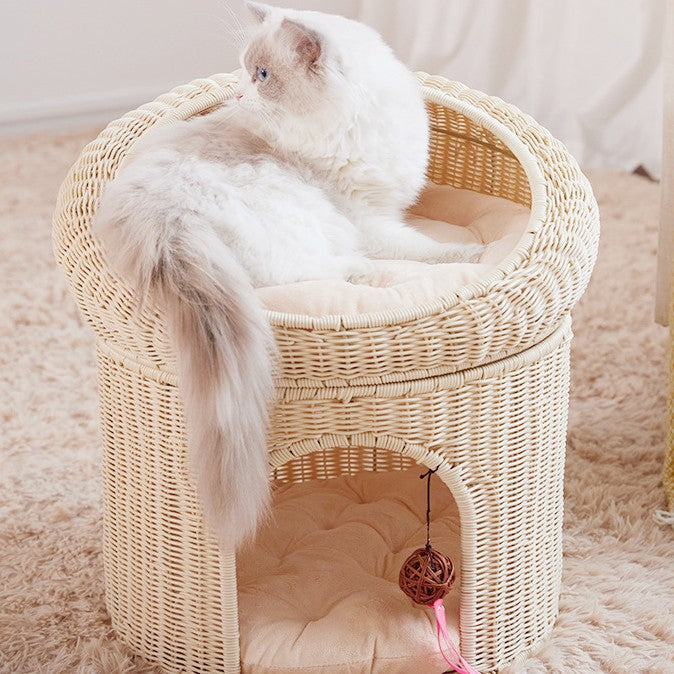 Woven Rattan Double Layer Cat Bed for Home