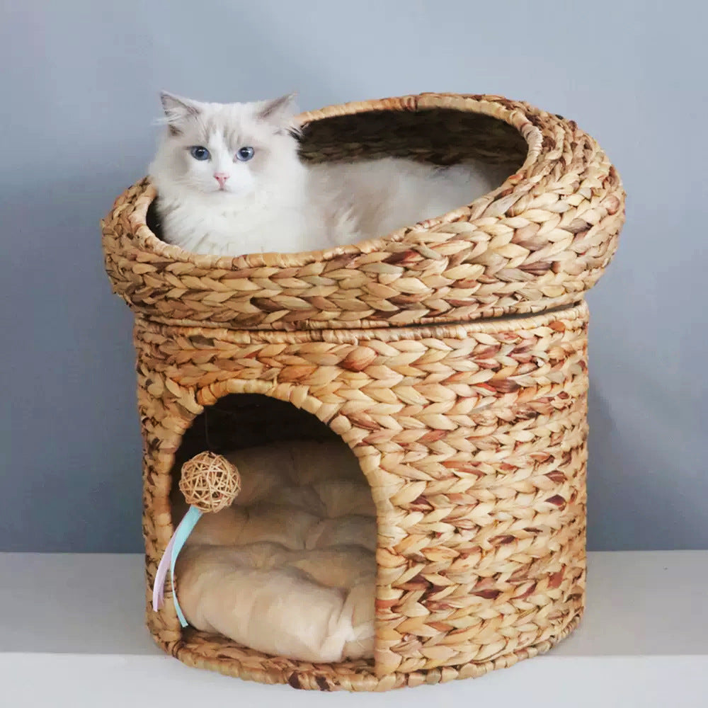 Woven Rattan Double Layer Cat Bed for Home