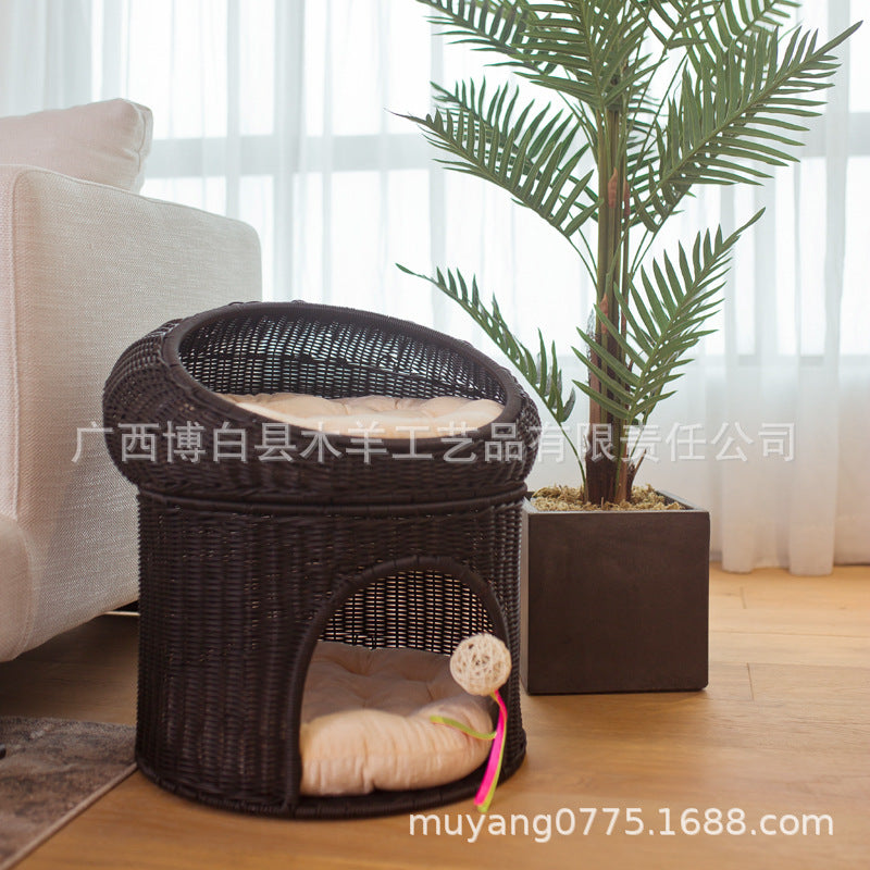 Woven Rattan Double Layer Cat Bed for Home