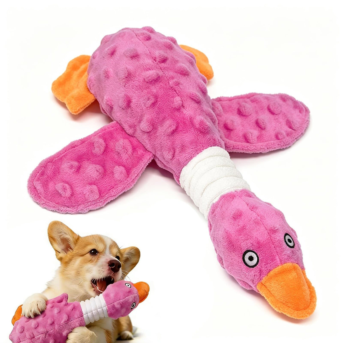 Pink Squeaky Plush Duck Dog Toy Aggressive Chewers