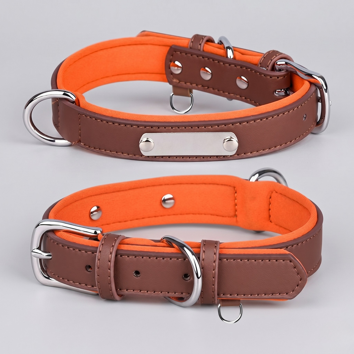 Dual D-Ring PU Leather Dog Collar Nameplate